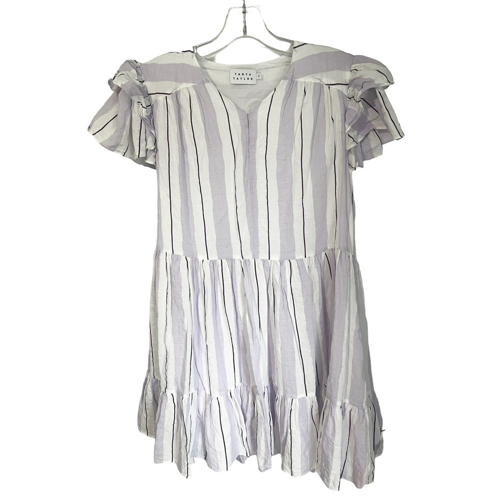 TANYA TAYLOR Size S Striped Dress Ruffle Tiered Sleeve Striped Purple/White‎